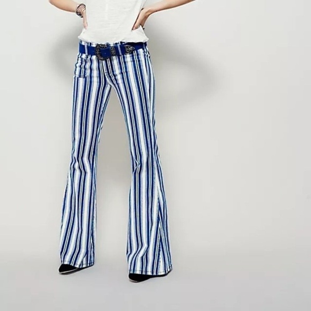 Free People Blue White Striped Flare Jeans Bell Bottoms Size 25